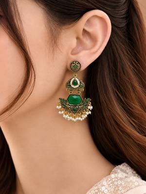 Gold oxidized green stone chandbali earrings 5