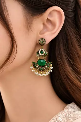 Gold oxidized green stone chandbali earrings