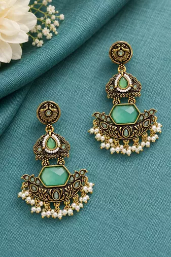 Gold oxidized mint stone chandbali earrings