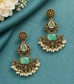 Gold oxidized mint stone chandbali earrings