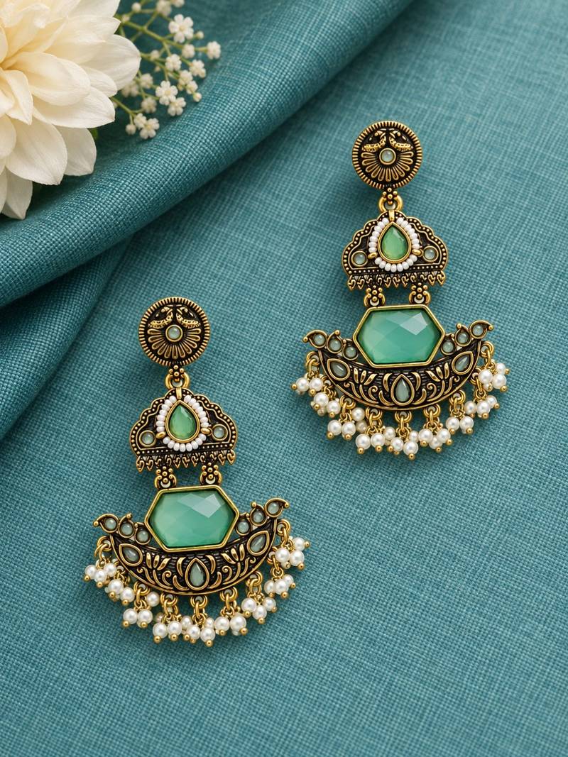 Gold oxidized mint stone chandbali earrings