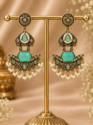 Gold oxidized mint stone chandbali earrings 2