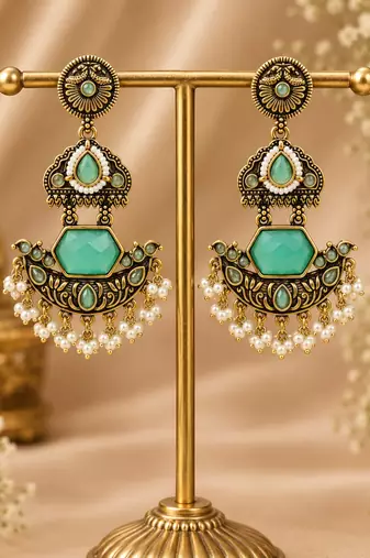 Gold oxidized mint stone chandbali earrings