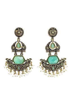 Gold oxidized mint stone chandbali earrings 3
