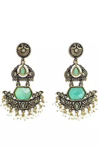 Gold oxidized mint stone chandbali earrings