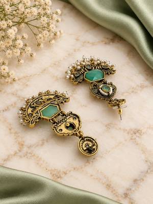 Gold oxidized mint stone chandbali earrings 4