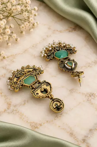 Gold oxidized mint stone chandbali earrings