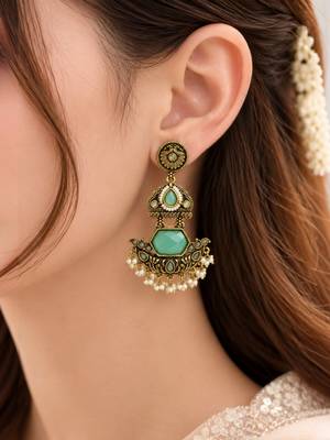 Gold oxidized mint stone chandbali earrings 5