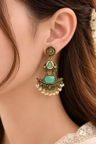 Gold oxidized mint stone chandbali earrings