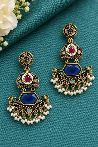 Gold oxidized multi stone chandbali earrings