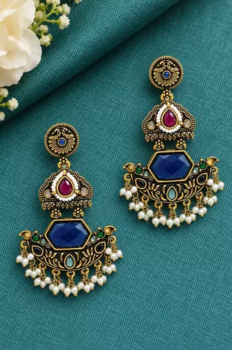 Gold oxidized multi stone chandbali earrings