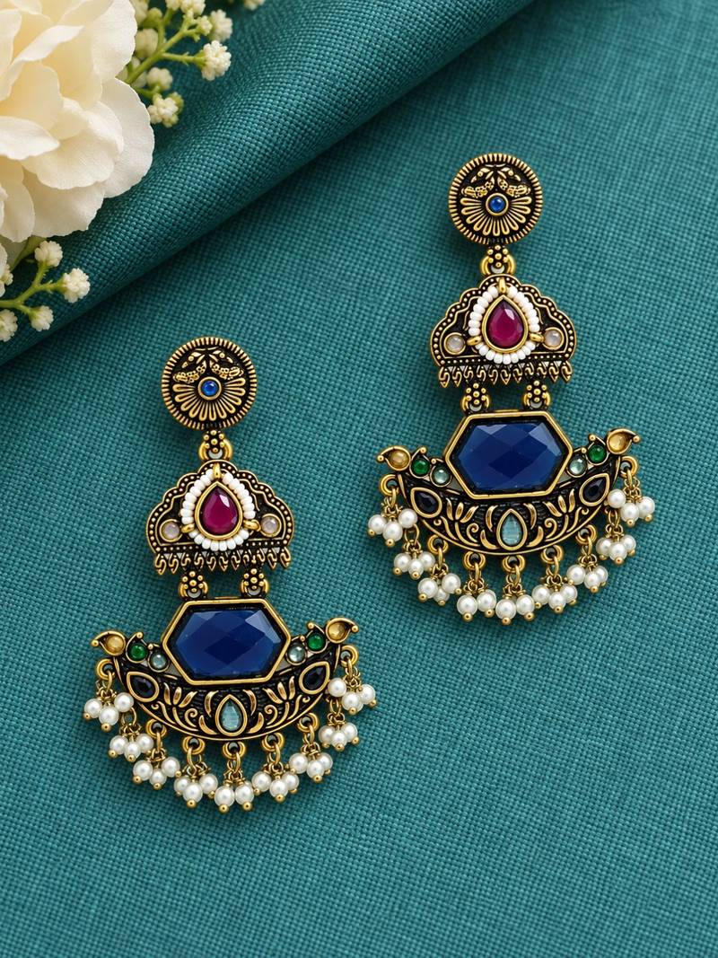 Gold oxidized multi stone chandbali earrings