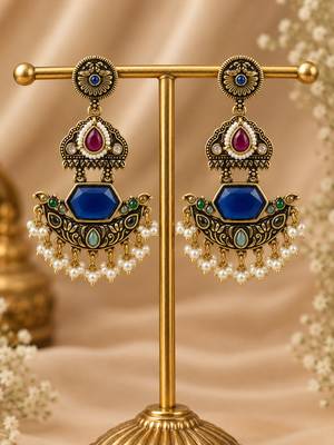 Gold oxidized multi stone chandbali earrings 2