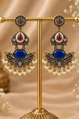 Gold oxidized multi stone chandbali earrings