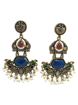 Gold oxidized multi stone chandbali earrings 3