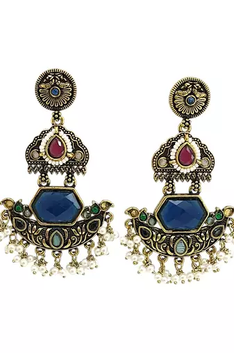 Gold oxidized multi stone chandbali earrings