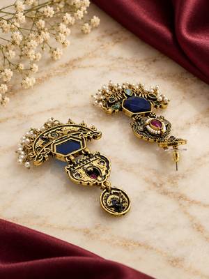 Gold oxidized multi stone chandbali earrings 4