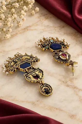 Gold oxidized multi stone chandbali earrings
