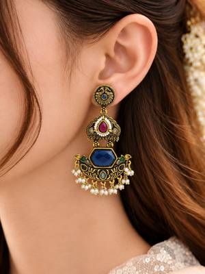 Gold oxidized multi stone chandbali earrings 5