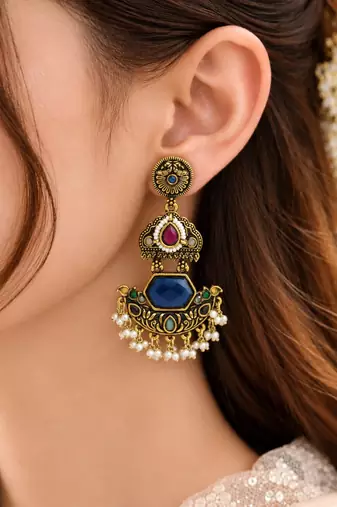 Gold oxidized multi stone chandbali earrings