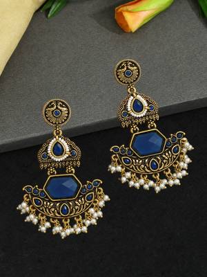 Gold oxidized navy blue stone chandbali earrings 1