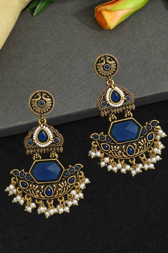 Gold oxidized navy blue stone chandbali earrings