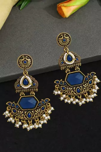 Gold oxidized navy blue stone chandbali earrings