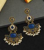 Gold oxidized navy blue stone chandbali earrings