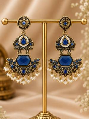 Gold oxidized navy blue stone chandbali earrings 2