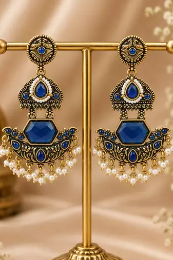 Gold oxidized navy blue stone chandbali earrings
