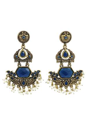 Gold oxidized navy blue stone chandbali earrings 3