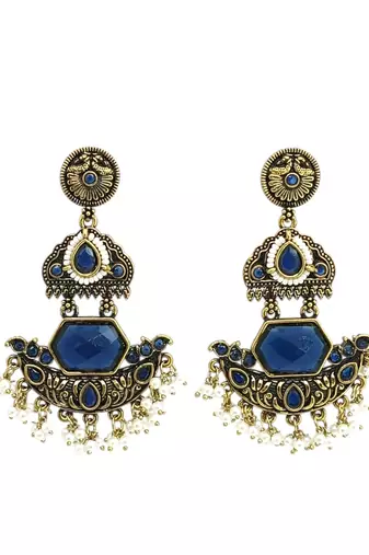 Gold oxidized navy blue stone chandbali earrings