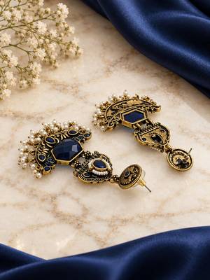 Gold oxidized navy blue stone chandbali earrings 4