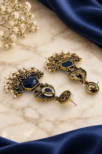 Gold oxidized navy blue stone chandbali earrings