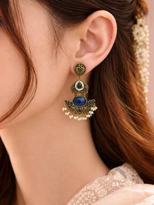 Gold oxidized navy blue stone chandbali earrings 5