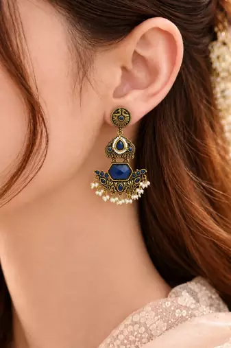 Gold oxidized navy blue stone chandbali earrings