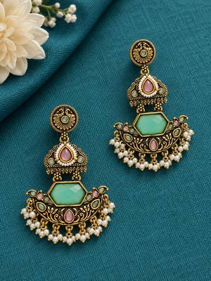 Gold oxidized pink green stone chandbali earrings 1