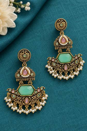Gold oxidized pink green stone chandbali earrings