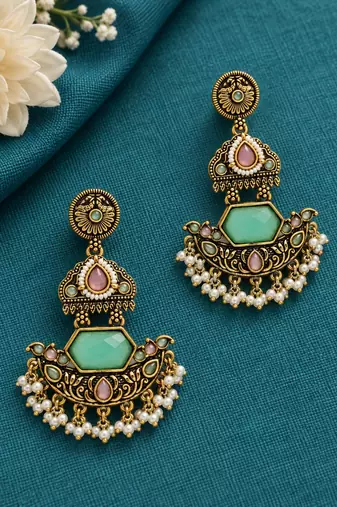 Gold oxidized pink green stone chandbali earrings