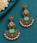 Gold oxidized pink green stone chandbali earrings