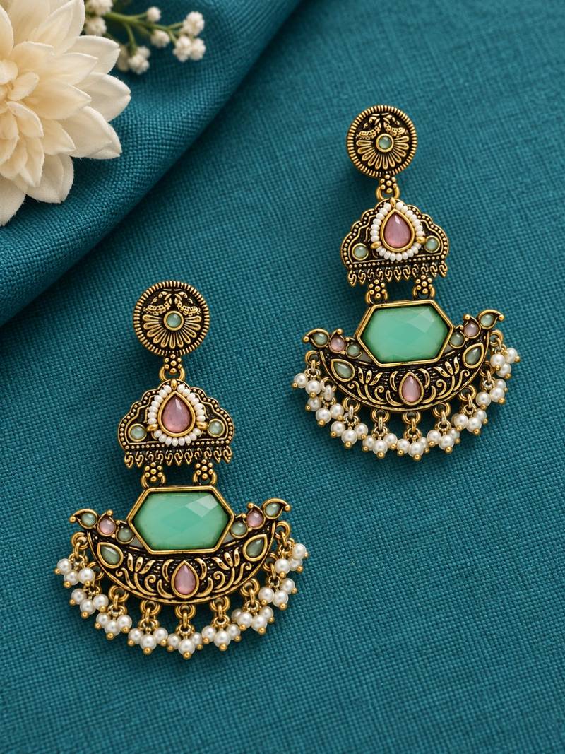 Gold oxidized pink green stone chandbali earrings