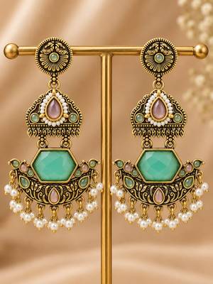 Gold oxidized pink green stone chandbali earrings 2