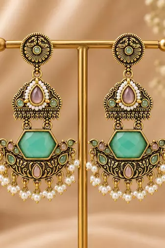 Gold oxidized pink green stone chandbali earrings