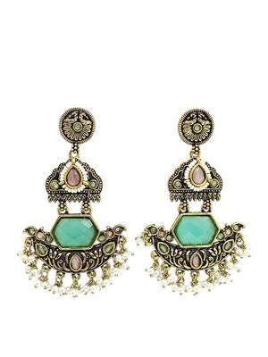 Gold oxidized pink green stone chandbali earrings 3