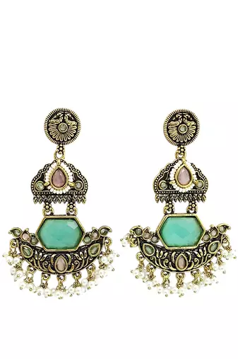 Gold oxidized pink green stone chandbali earrings