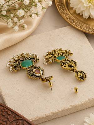 Gold oxidized pink green stone chandbali earrings 4