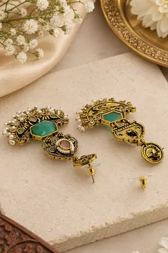 Gold oxidized pink green stone chandbali earrings