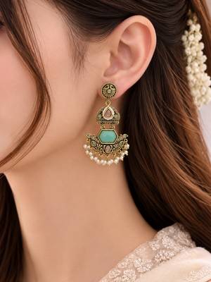 Gold oxidized pink green stone chandbali earrings 5
