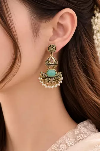 Gold oxidized pink green stone chandbali earrings