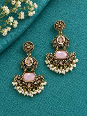 Gold oxidized pink stone chandbali earrings 1